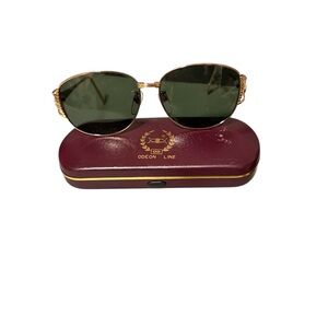 Vintage Odeon Line Gold Decorative Sunglasses Green Tinted Lens With Case Rare